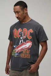 Herren Übergroßes Gewaschenes ACDC Lizenz-Print Oberteil Washed Charcoal Größe Small