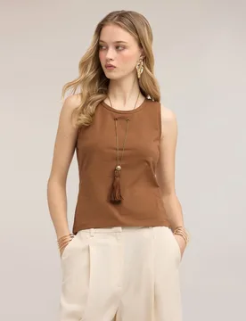 Top de mujer con collar de borla integrado escote redondo con collar de borlas integrado - Motivi - FashionsVida