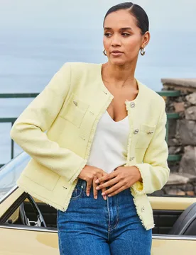 Textured Collarless Jacket Yellow female - Sosandar - FashionsVida