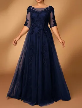 Vestido elegante y romántico de talla grande con cuello redondo, manga 3/4, encaje, contraste de malla, dobladillo en línea A, aplicaciones de lujo, - Shein - FashionsVida