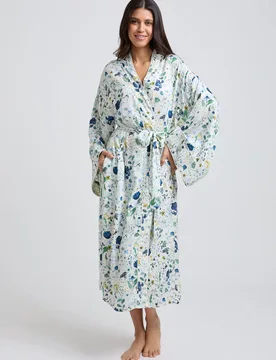 Corina Kimono Style Pressed Floral Print Robe In Blue - S - Lily and Lionel London Limited - FashionsVida