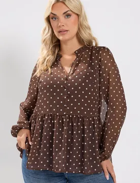 Women's Polka Dot Blouse in Chocolate Size: 16 - Chocolate - Size: 16 - Yours - FashionsVida