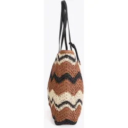 Bolso shopper efecto rafia con patrón de espiga bicolor y asas efecto cuero
