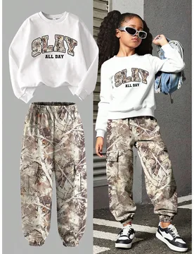 Conjunto de 2 piezas para niñas, atuendo casual de moda con sudadera de manga larga con gráfico 'SLAY ALL DAY' y pantalones cargo de camuflaje, esti - Shein - FashionsVida