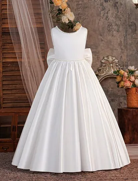 Vestido de Noche para Niña Preadolescente con Perlas Falsas, Escote en V en la Espalda, Lazo Grande de Satén, para Dama de Honor de Boda, Adecuado p - Shein - FashionsVida