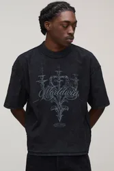 Herren Säuregewaschen Schwarzes Übergroßes Kastenförmiges Oberteil Mit Freiliegenden Nähten Und Kronleuchter-Aufdruck Washed Black Größe Small