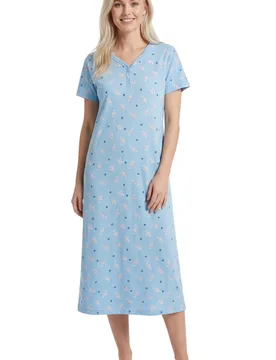 Women's 100% Cotton Classic Full Length Short Sleeved Nightdress in Pale Blue Size: 14-16 - Pale Blue - Size: 14-16 - Camille - FashionsVida