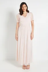 Womens Mesh Lace Trim Maxi Dress - Pink - Size 18 Uk