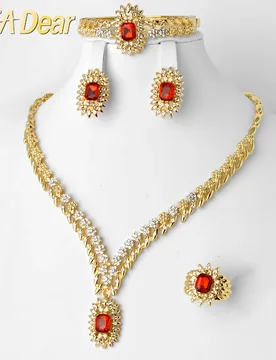 ZEADear Bride Jewelry Sets Gold Plated Earrings Necklace Bracelet Ring Red Green Blue Crystal Plant Leaf Chain Boho Bridal Gift - Aliexpress - FashionsVida