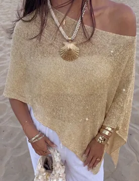 Suéter corto tipo capa con mangas de murciélago, de punto brillante, estilo casual sexy Y2K para mujer, para playa y vacaciones de verano, Vacationc - Shein - FashionsVida