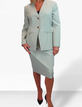 Women's 2 Piece V Neck Jacket & Midi Skirt Suit in Light Green Size: 14 - Light Green - Size: 14 - Paulo Due - FashionsVida