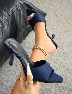 Sandalias de tacón alto tipo stiletto con punta fina y sin cordones para mujer, zapatos elegantes de fiesta, boda y reunión en satén azul marino, a - Shein - FashionsVida