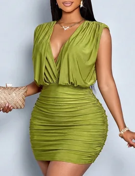 Vestido corto de punto sin mangas con cuello en V profundo y plisado, estilo nuevo, elegante y casual para uso diario, unicolor, primavera/verano, par - Shein - FashionsVida