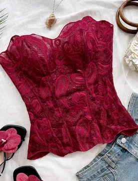 Top bustier tipo corsé para mujer, estilo europeo y americano juvenil, sexy y vanguardista, bandeau de encaje de doble capa, ajustado con varillas, b - Shein - FashionsVida