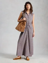 Jersey Geometric Collared Maxi Shirt Dress Blue Mix female