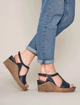 Women's 'Peach Melba 2' T-Bar Wedge Sandals in Indigo Size: 6 - Indigo - Size: 6 - Moshulu - FashionsVida