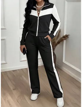 Piezas Conjunto de chaqueta con cremallera y pantalones largos casuales de estilo deportivo, con bloques de color, elegante negro, para primavera/oto? - Shein - FashionsVida