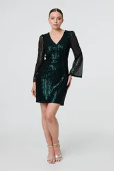 Womens Green Sequin Semi Sheer Long Sleeve Mini Dress - Size 14 Uk