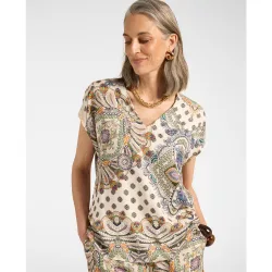 Blusa de mujer de viscosa estampada con escote en v ajuste regular