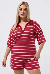Women's Stripe Rugby Collar Top in Red Size: 14 - Red - Size: 14