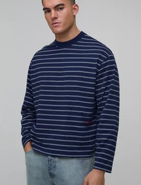 Herren Oversized Boxy Stripe Long Sleeve T-Shirt Navy Größe 4XL - boohooMAN - FashionsVida