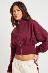 Womens Funnel Neck Cinched Waist Zip Through - Burgundy Cotton - Size Medium