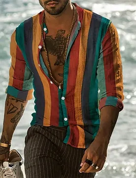 Camisa casual de manga larga con bloques de color y rayas, de corte holgado para hombre, otoño XXL - Shein - FashionsVida
