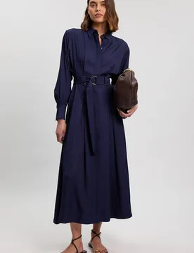 Women's Premium Viscose Linen Woven Shirt Dress With Gold Buckle Belt in Navy Size: 8 - Navy - Size: 8 - Karen millen - FashionsVida