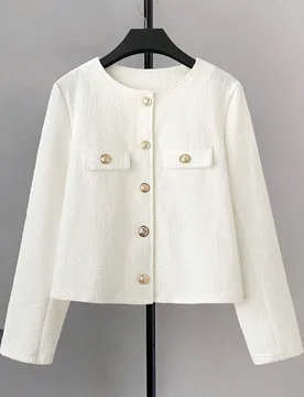 Abrigo de lana blanco elegante de cuello redondo, manga larga y abotonadura sencilla para mujer de talla grande, otoño/invierno 4XL - Shein - FashionsVida