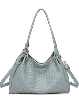 Women's 3 Compartments Weaved Pattern Two Handles Shoulder Bag in Blue - Blue - Size: One Size - JFY - FashionsVida