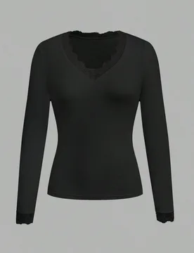 Camiseta de manga larga ajustada con cuello en v profundo y ribete de encaje, adecuada para otoño/invierno L - Shein - FashionsVida