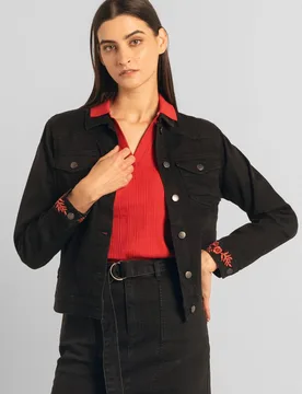 Women's Classic Black Denim Jacket With Sleeve Embroidery Size: 16 - Black - Size: 16 - Enorsia - FashionsVida