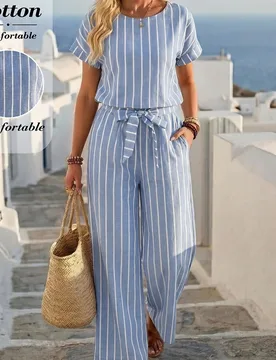 Conjunto de 2 piezas de camisa y pantalones largos a rayas azul y blanco, estilo casual costero chic tropical para vacaciones de verano para mujer S - Shein - FashionsVida