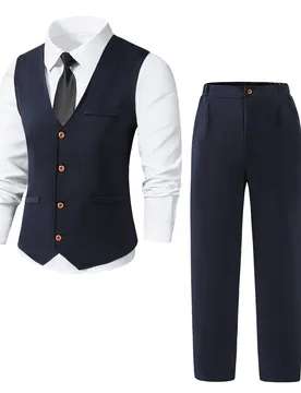 Set de 2 piezas Traje de caballero para adolescentes, chaleco azul marino de corte slim + pantalones texturizados, traje formal elegante para cumplea? - Shein - FashionsVida