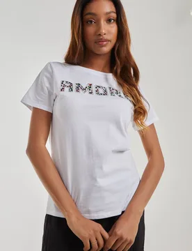 Women's Leopard Hotfix Amore T-Shirt in White Size: Small - White - Size: S - Pink Vanilla - FashionsVida