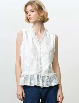Pure Cotton Embroidered V-Neck Peplum Top White female - French connection - FashionsVida