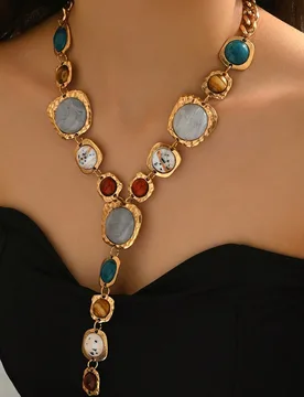 Pieza Collar largo vintage exagerado de moda con trabajo pesado, diseño geométrico, piedra preciosa falsa en forma de Y y borlas, adecuado para uso - Shein - FashionsVida