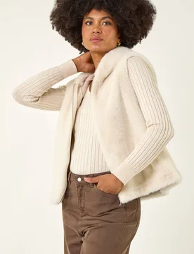 Women's Hooded Faux Fur Gilet in Beige Size: 20 - Beige - Size: 20 - Roman - FashionsVida