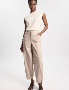Women's Leather Barrel Leg Trouser in Cream Size: 12 - Cream - Size: 12 - Karen millen - FashionsVida
