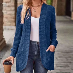 Chaqueta delgada con bolsillos laterales, de frente abierto y de punto acanalado con forro de felpa para mujer M