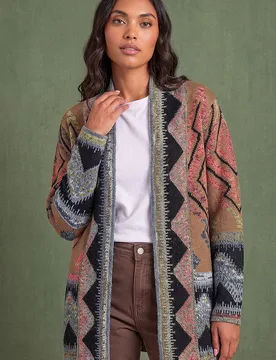 Women's Nordic Pattern Cardigan Sweater in Brown Size: 18 - Brown - Size: 18 - Roman - FashionsVida