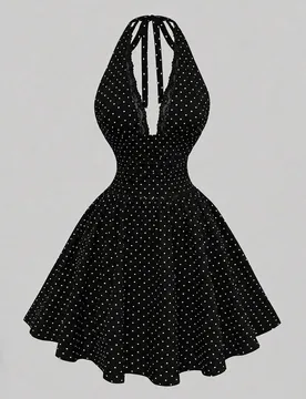 Vestido corto de mujer con cuello halter, sin mangas, cintura ceñida, línea A, lazo, estampado de lunares, marrón, tela texturizada, vestido nuevo - Shein - FashionsVida
