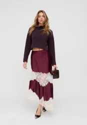 Elenor Lace Insert Midi Skirt In Burgundy - 8