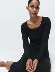 Cotton Modal Henley Long Nightdress Black female