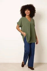 Women's Khaki Short Sleeve V-neck Top - Khaki - Size: One Size