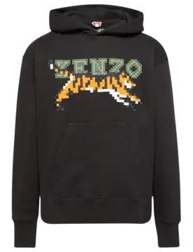 Mens Paris Digital Tiger Design Black Hoodie Cotton - Size Large - Kenzo - FashionsVida