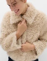 Faux Fur Textured Collared Short Jacket Ivory female