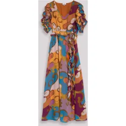 Vestido largo fluido con escote en pico y volante decorativo