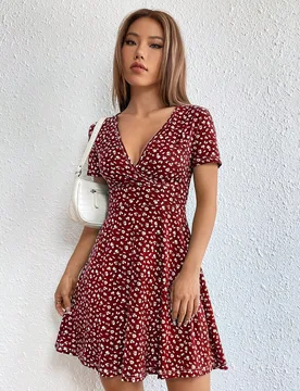 Vestido con estampado floral de cuello profundo S - Shein - FashionsVida