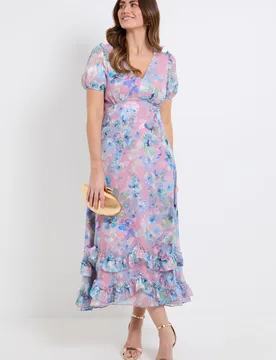 Womens Floral Satin Ruffle Hem Midaxi Dress - Rose - Size 22 Uk - Wallis - FashionsVida